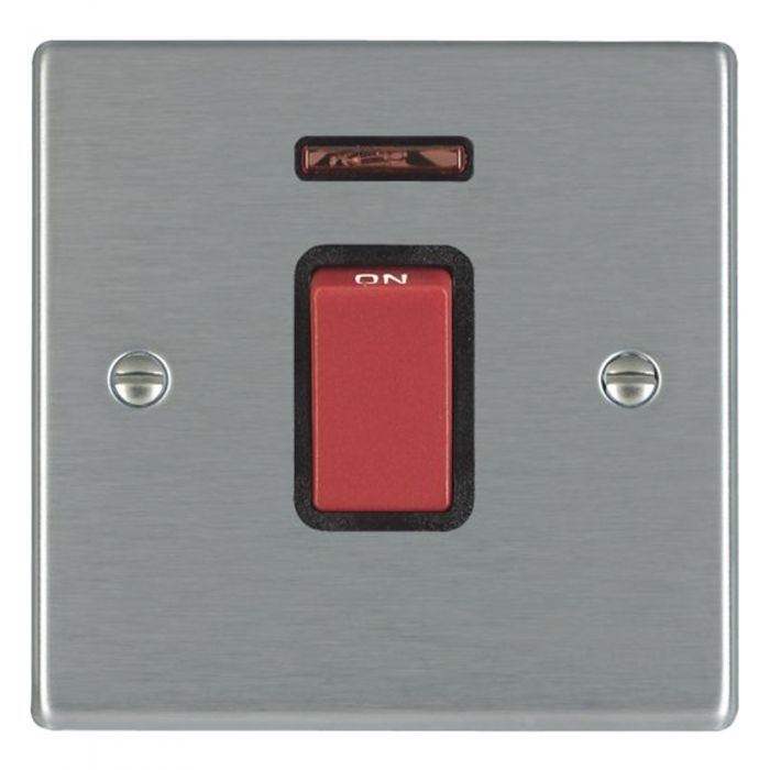 Hamilton 7445NB 1 Gang 45A DP Red Rocker with Neon - Satin Steel & Black