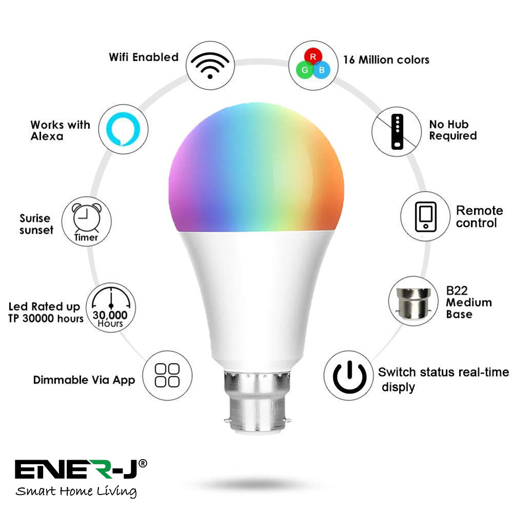 Ener J Smart WiFi Colour Changing LED Bulb 9W BC/B22