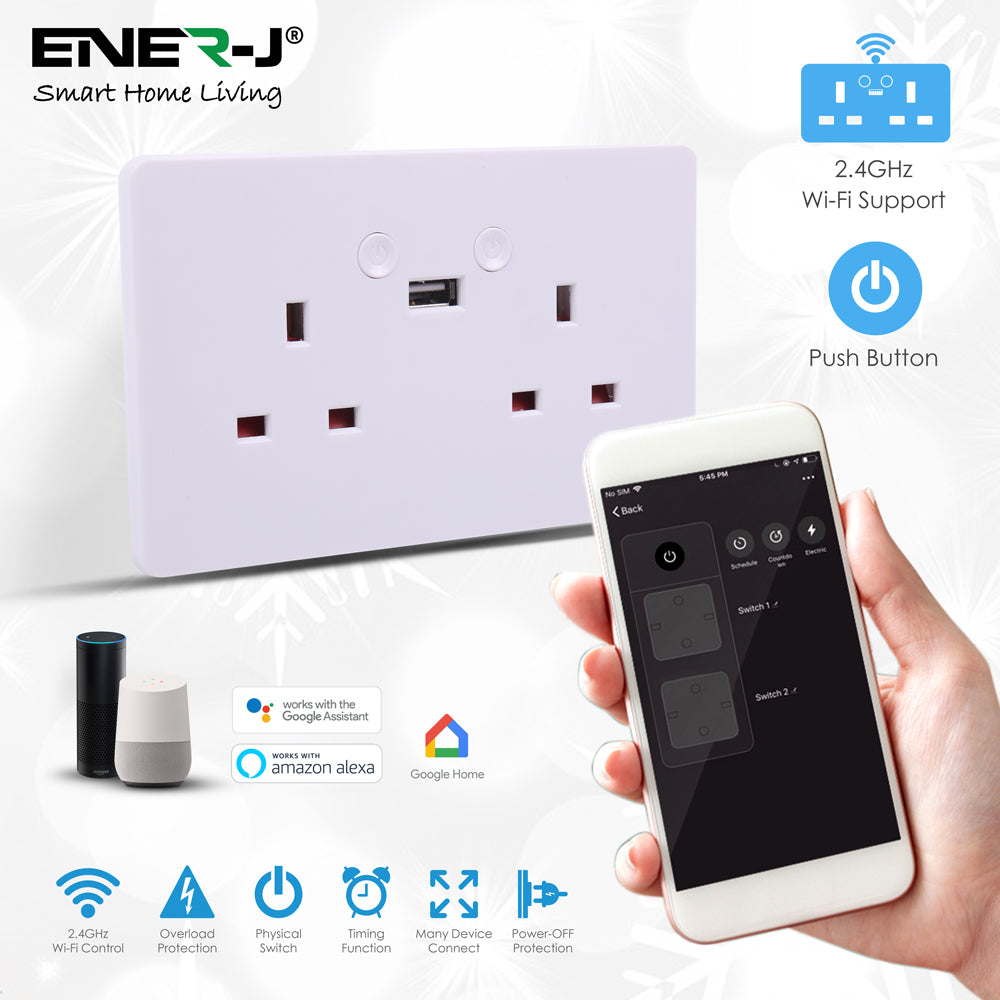 Ener-J Smart Wi-Fi Double Socket + USB (White Body) SHA5302