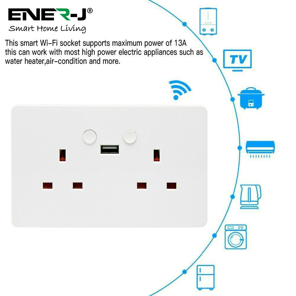Ener-J Smart Wi-Fi Double Socket + USB (White Body) SHA5302