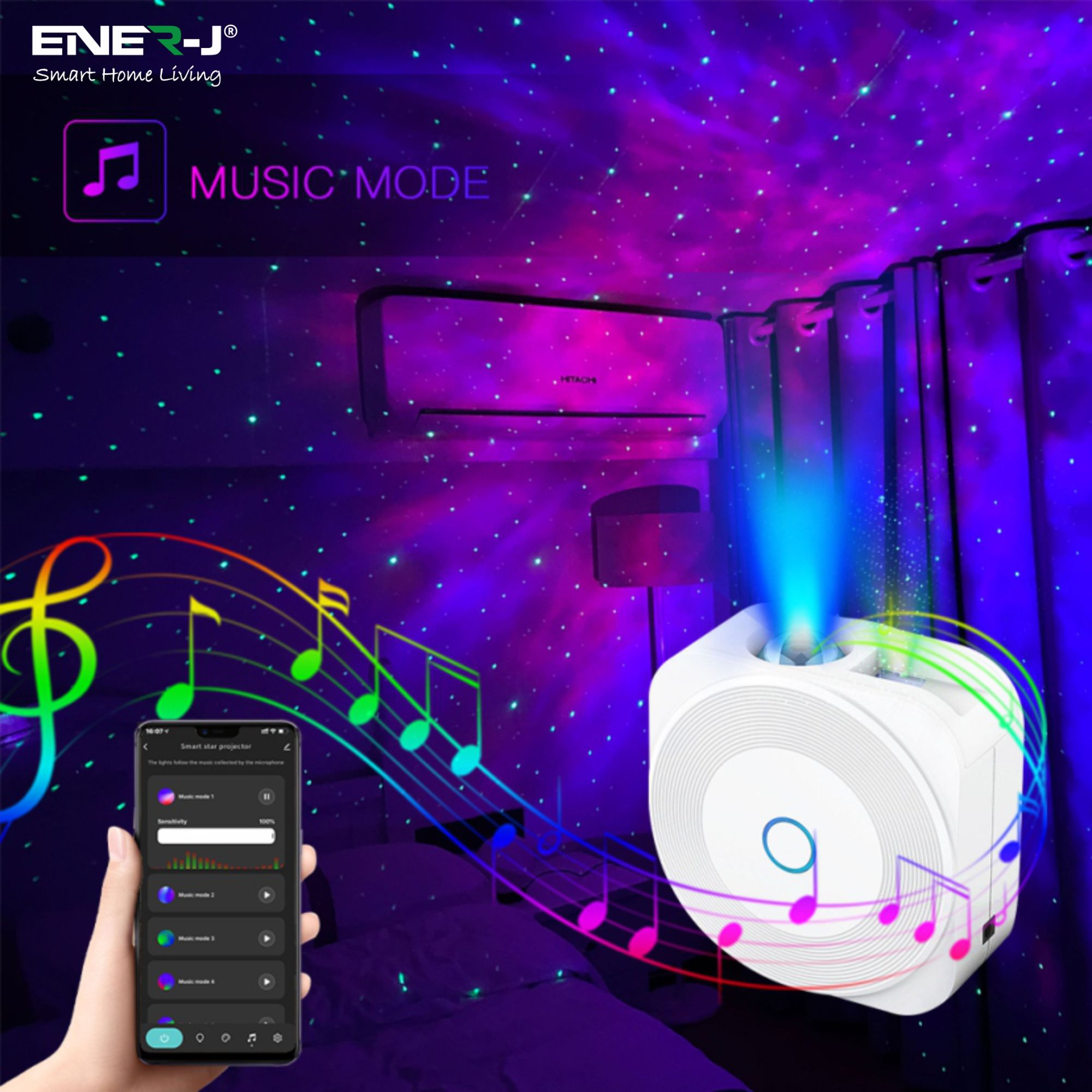 Ener J WiFi + BLE Smart Starry Sky Projector Light with Music Sync Function