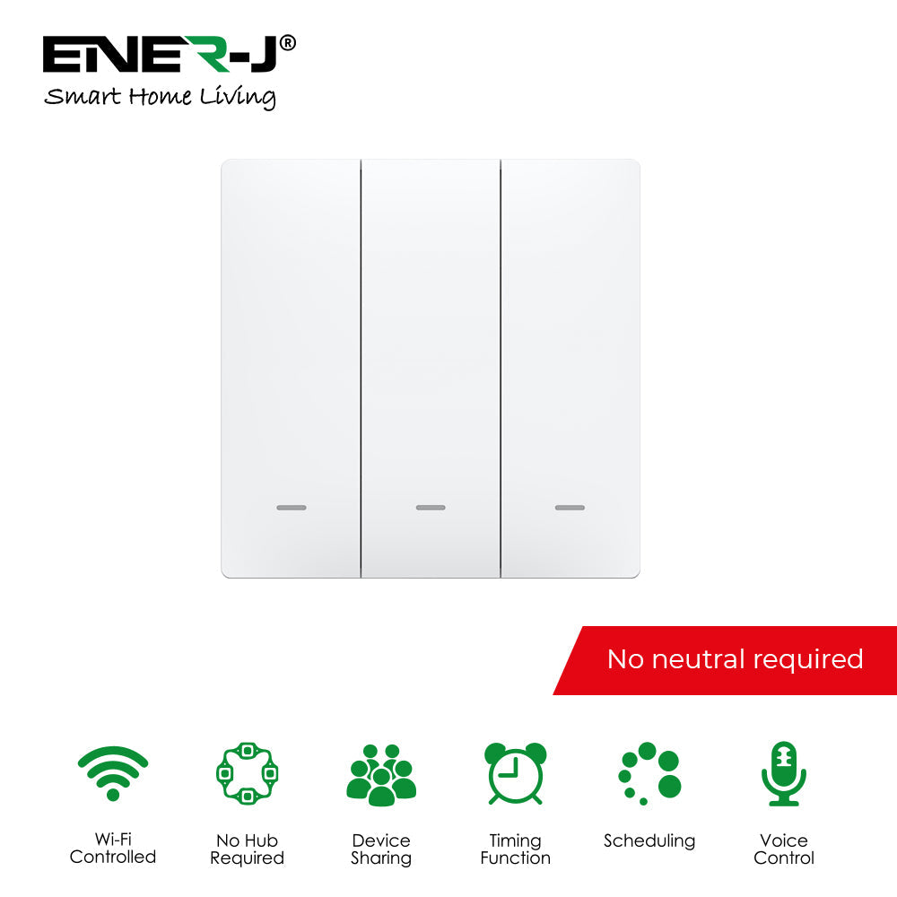 Ener J 3 Gang Smart Push Button Mechanical Light Switch, No Neutral Needed, APP & Voice Control