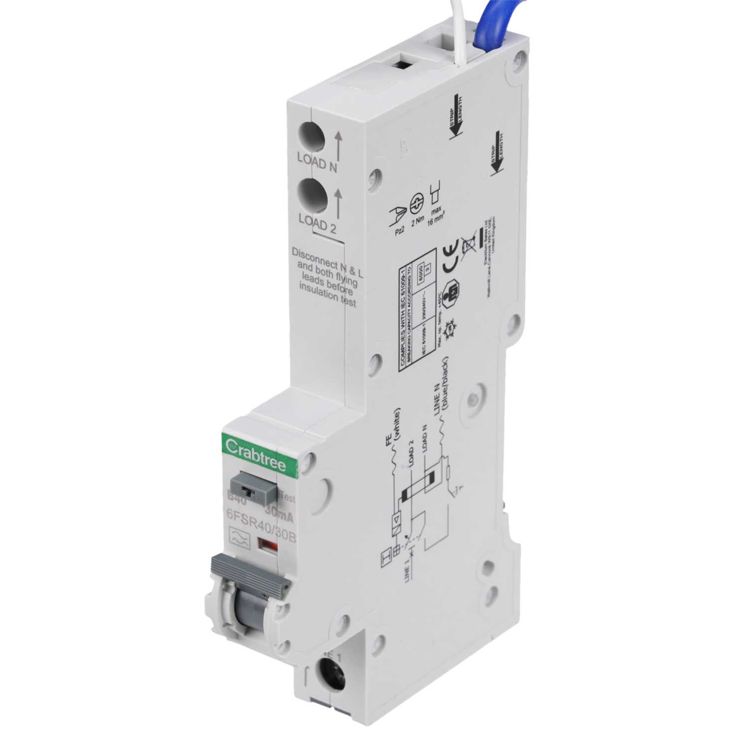 Crabtree 40A 30mA SPN B Curve 6kA Type A RCBO