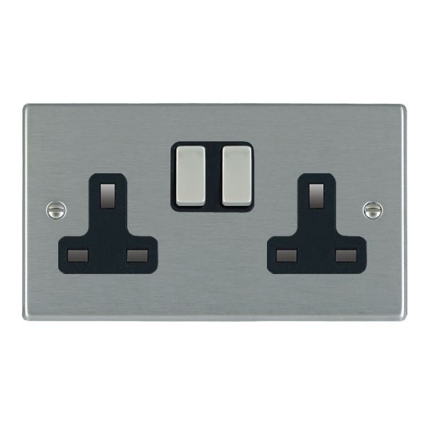 Hamilton 74SS2SS-B 2 Gang 13A DP Switched Socket - Satin Steel & Black Inserts