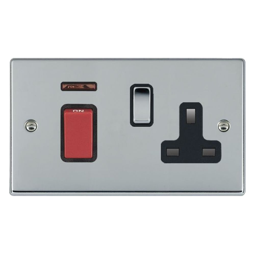 Hamilton 7345SS1BC-B 45A DP  Switched Socket and Neon 2 Gang Red Rocker - Bright Steel and Black Insert