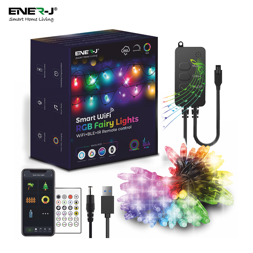 Ener J RGB Fairy Lights 5 Meter Cable, 50 LED'S, WiFi+BLE+IR with Remote Control, UK 3 Pin & USB Port